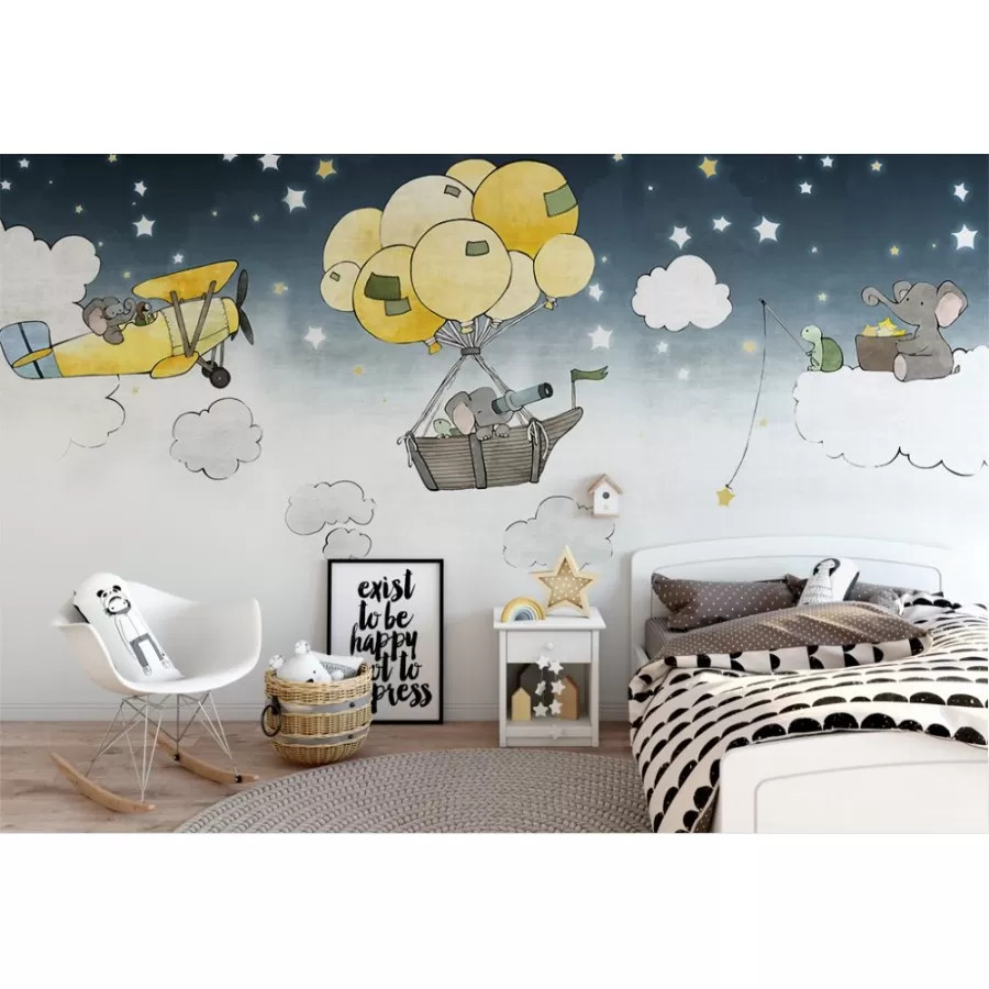 Sevimli Çizgi Filler Çocuk Odası Duvar Kağıdı