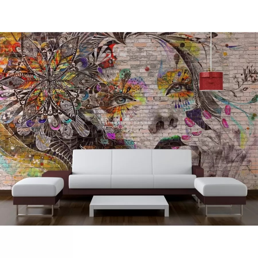 Graffiti Kadın Yüzü - Tuğla Duvar Kağıdı