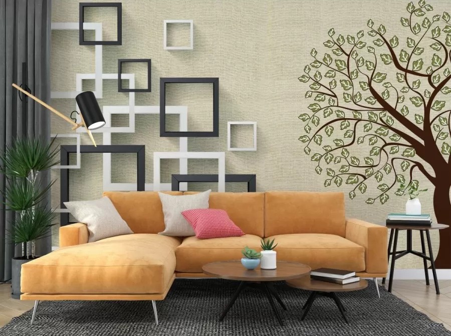 3D Ağaç ve Kareler Duvar Kağıdı B0801