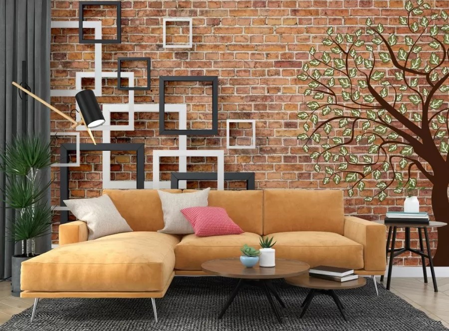 3D Ağaç ve Kareler Duvar Kağıdı B0802
