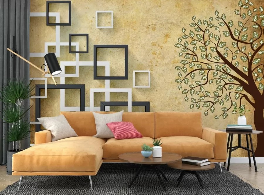 3D Ağaç ve Kareler Duvar Kağıdı B0803