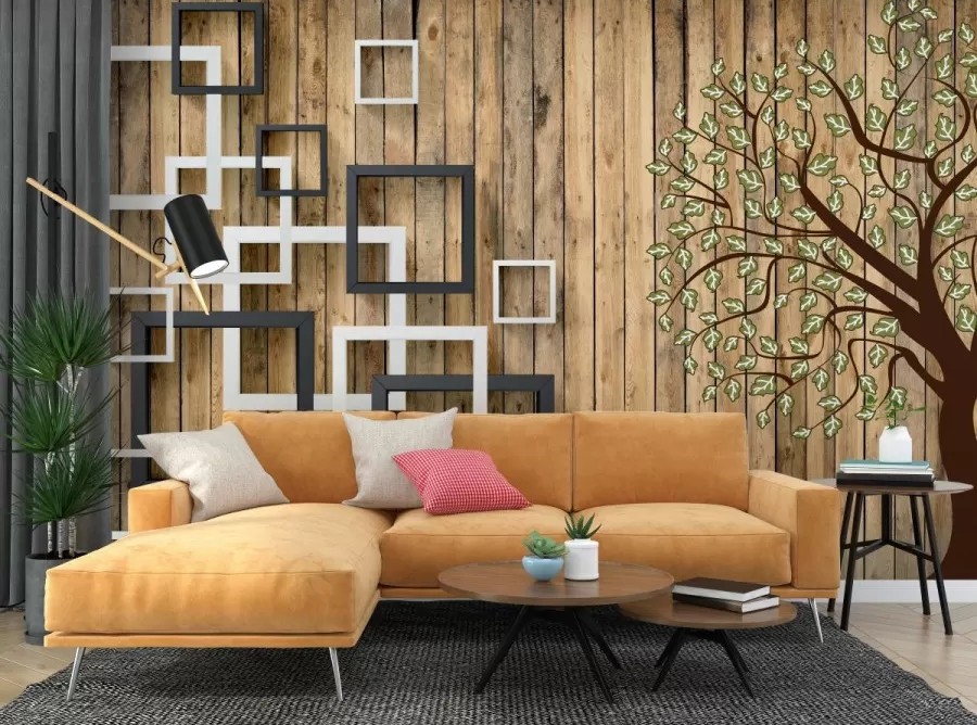 3D Ağaç ve Kareler Duvar Kağıdı B0804