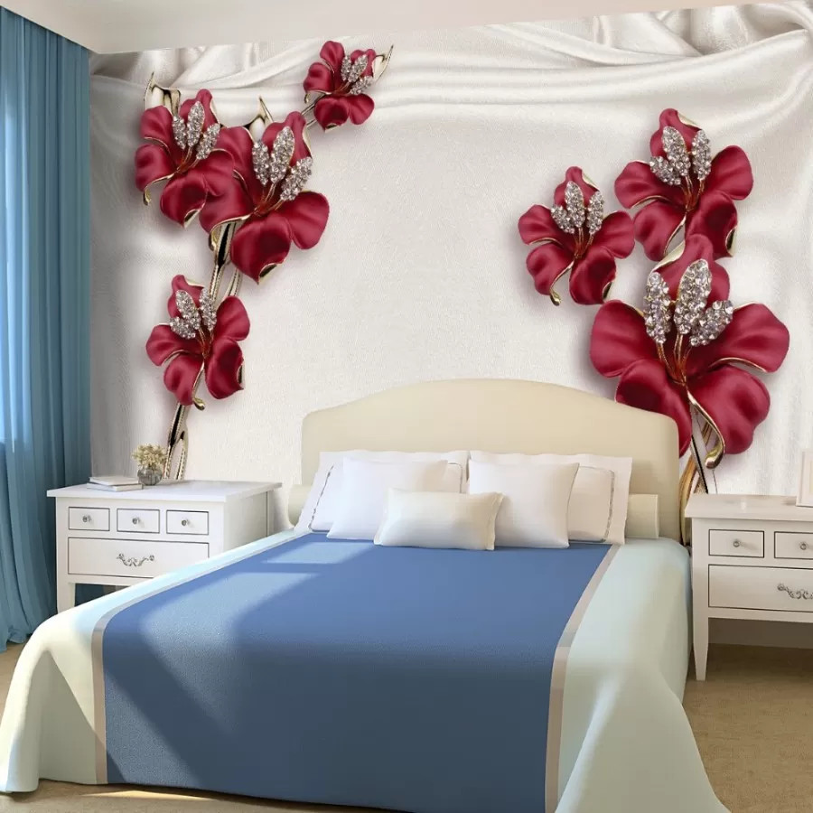   3D Bordo Çiçekli Duvar Kağıdı