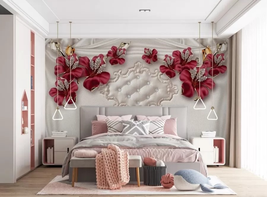 3D Bordo Çiçekli Duvar Kağıdı